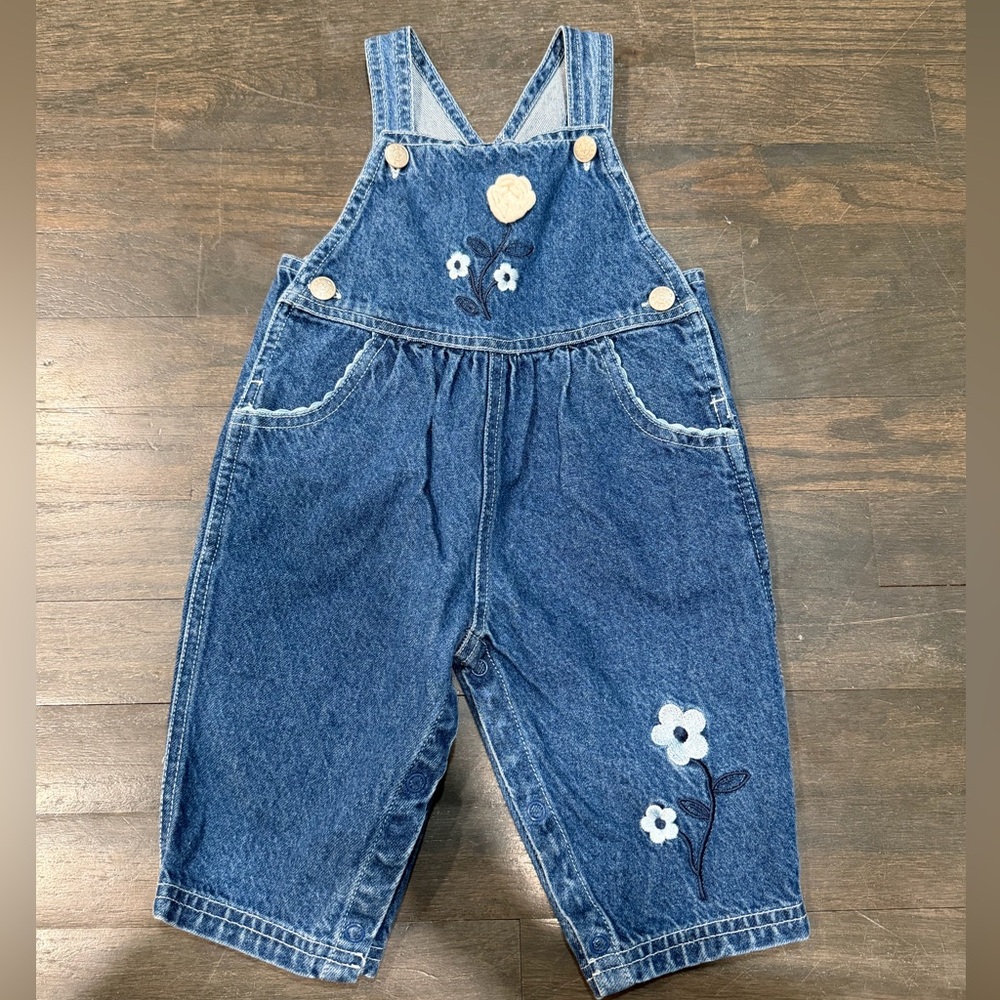 Vintage Blue Denim Toddler Overalls with floral details